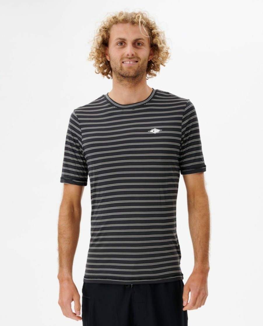 Men * | Half Off Plain Stripe Short Sleeve Upf Rash Guard