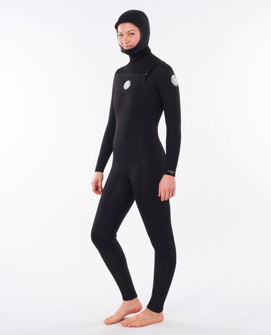 Women * | On Sale Women'S Dawn Patrol 5/4 Chest Zip Hooded Wetsuit Black